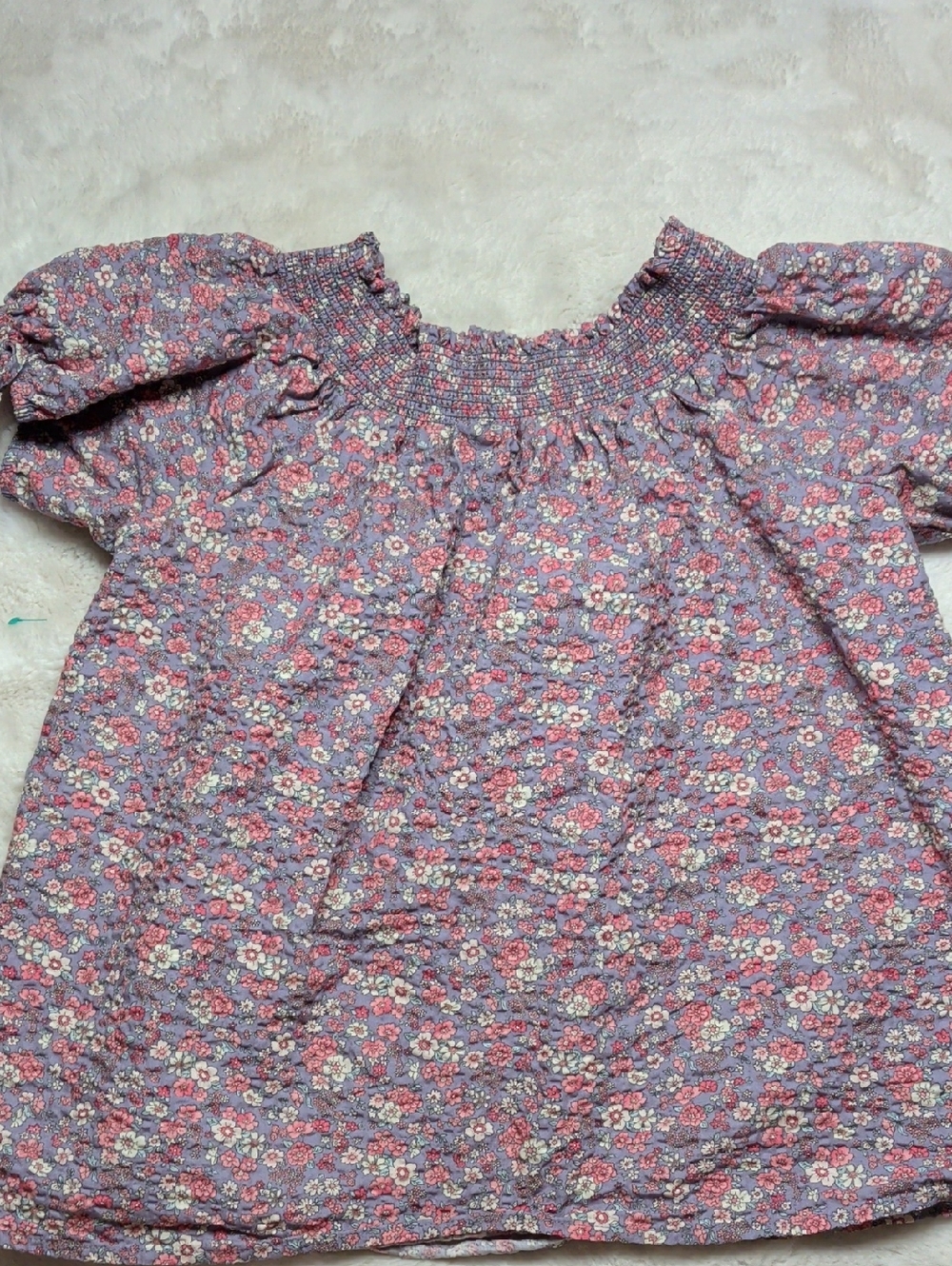 Women's Floral Smocked Neck Top - Purple Pink 100% Cotton
